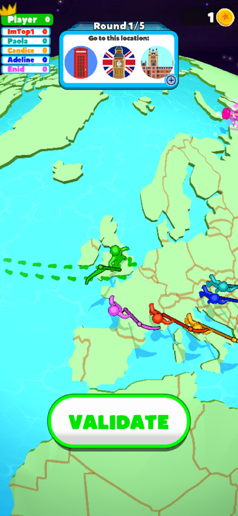Trivia Planet! - Gameplay of Trivia Planet showing a geography quiz round with London landmarks on a world map