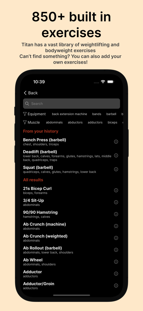 Titan Workout Tracker - Titan Workout Tracker app screen showing a library of over 850 built-in exercises with search and filter options