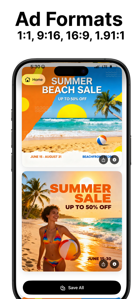 Social-Media-Anzeigenvorlagen mit verschiedenen Seitenverhältnissen für eine Sommerverkaufsaktion.