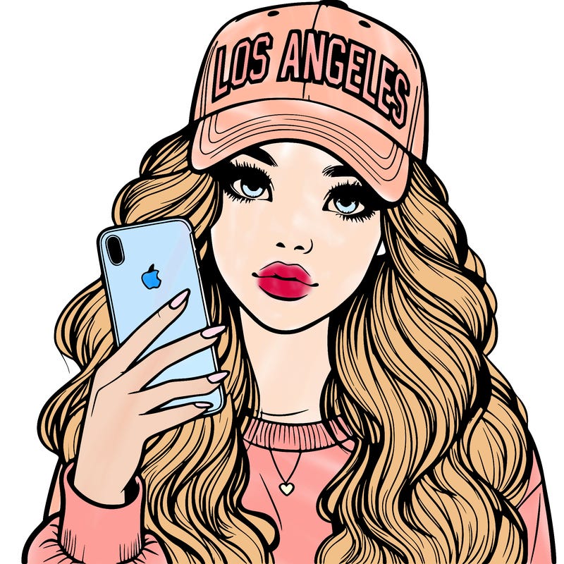 realistic beautiful girl wearing los ángeles cap holding an iphone
