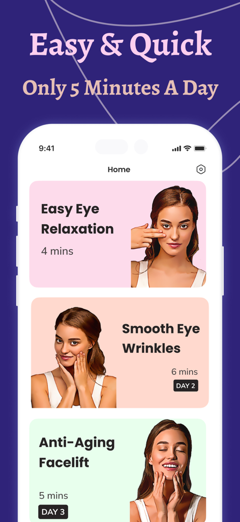Face yoga workout plans for eye relaxation and anti aging on the FaceLift app interface
