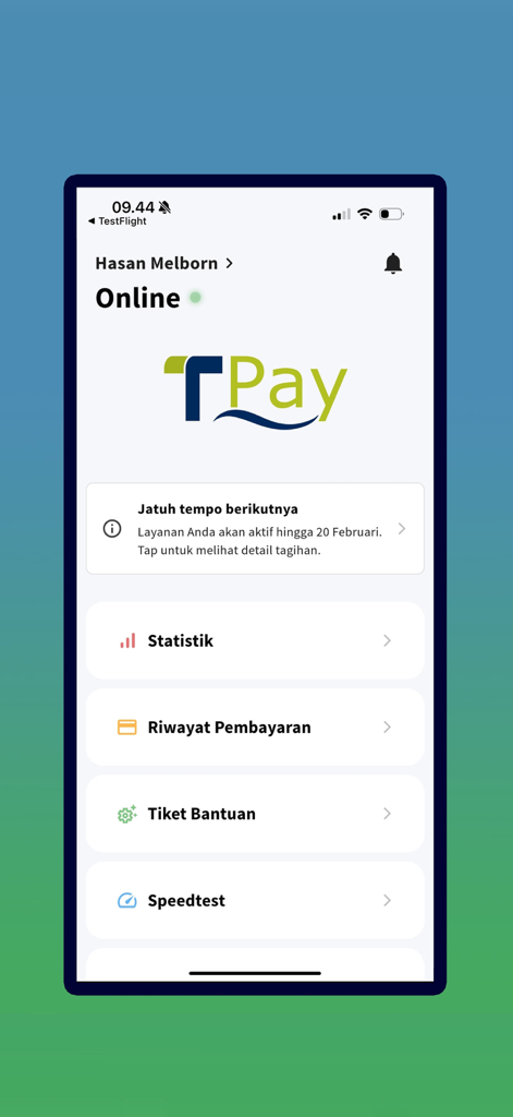 TPay Telnet - TPay Telnet mobile app home screen showing account status and payment management menu