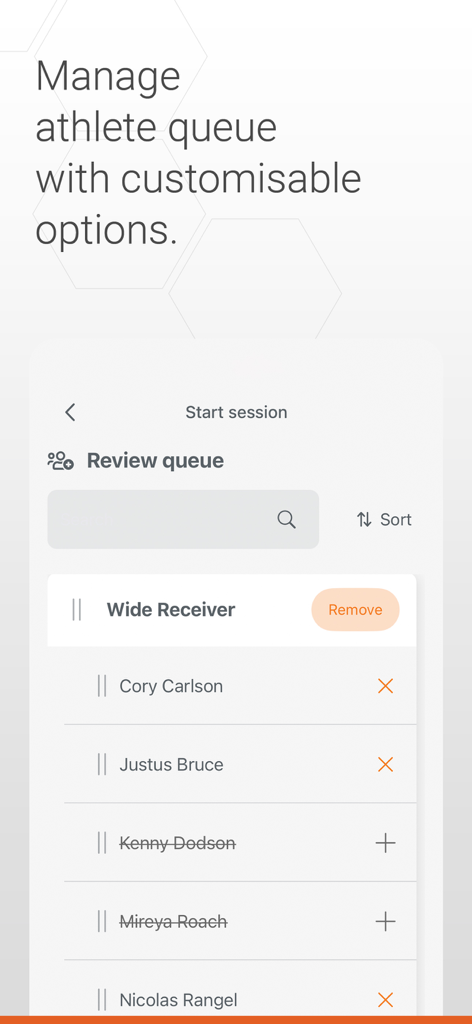 SmartSpeed Plus - Interface of the SmartSpeed Plus app showing a customizable athlete queue for a training session