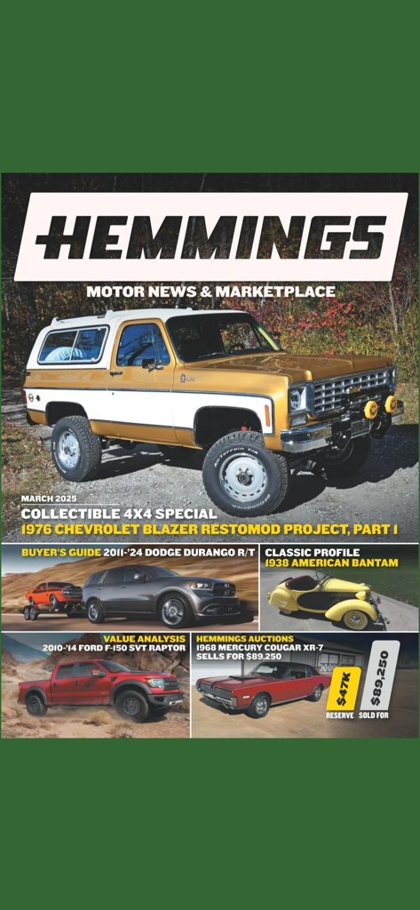 Hemmings Motor News - Hemmings Motor News digital magazine cover featuring a 1976 Chevrolet Blazer and classic car auction results