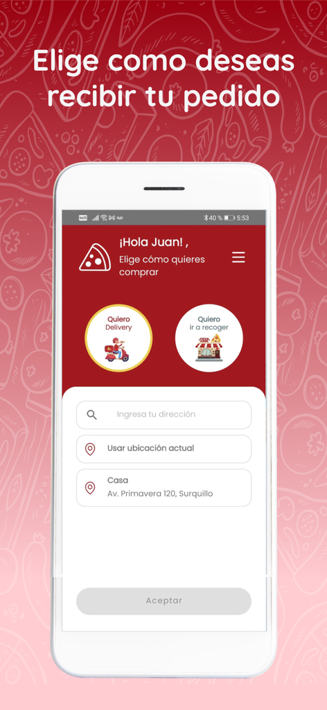Pizza Raul - Pizza Raul app interface showing options for delivery or store pickup with a location entry field.