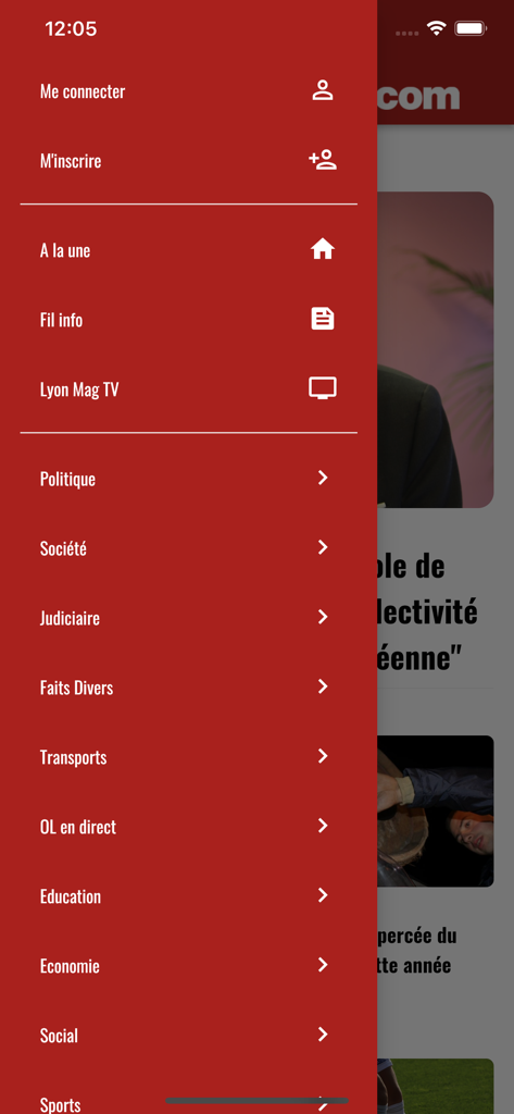 Lyonmag - Navigation sidebar of the Lyonmag news app with local news categories