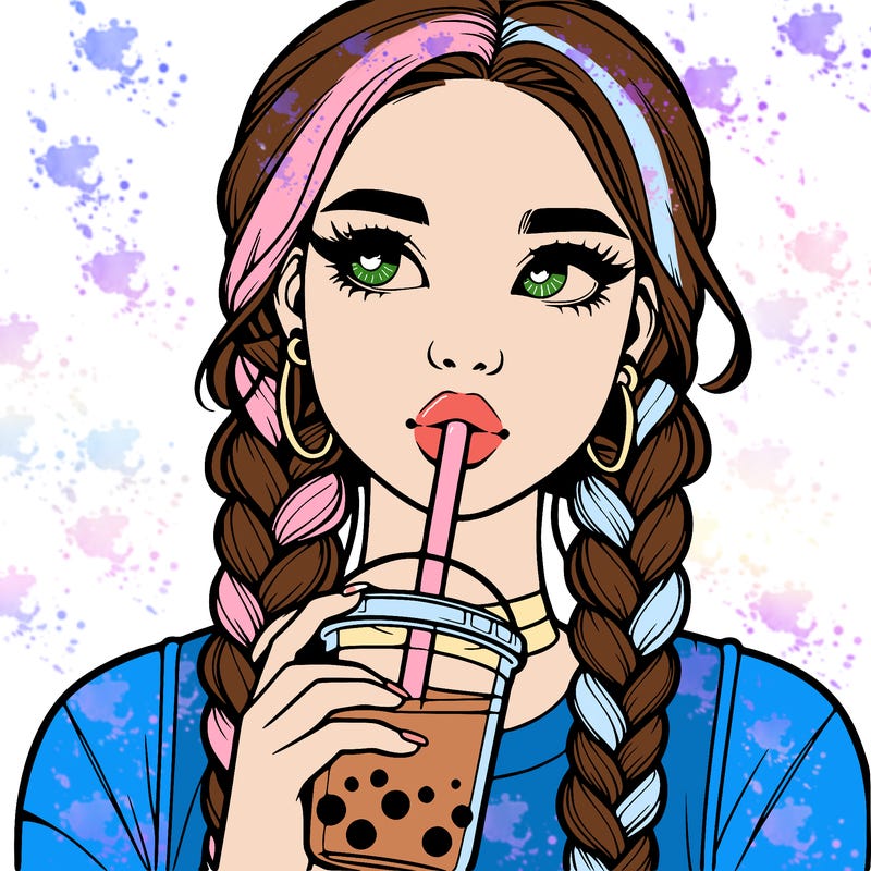 realistic girl with braided hair drinking boba