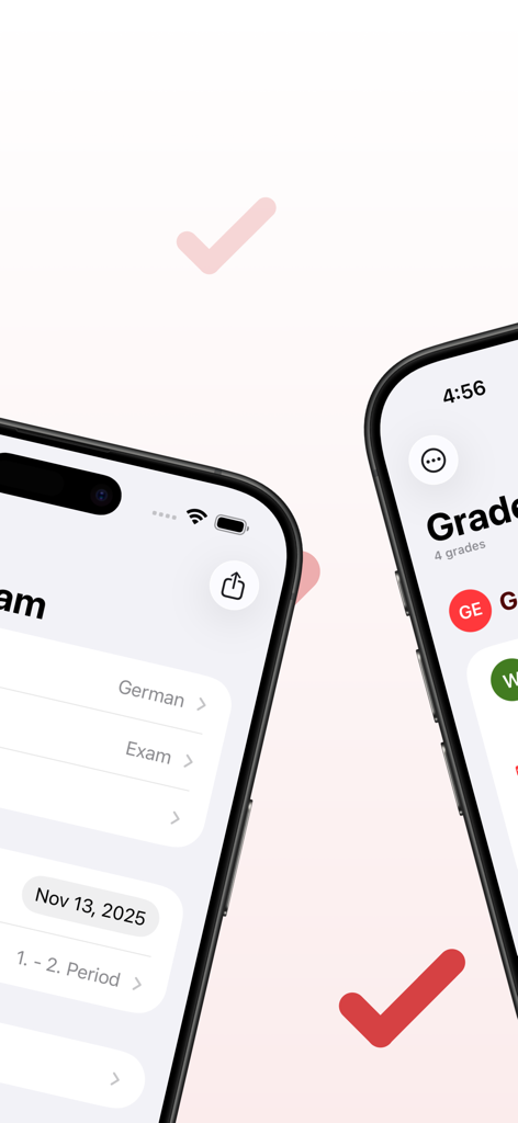 SchoolOrganizer - Two iPhones showing the SchoolOrganizer app screens for exams and grades