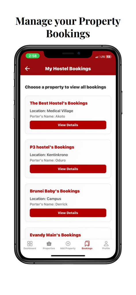 Hostelhubb Admin - Interfaz de la aplicación móvil Hostelhubb Admin para que los administradores de propiedades vean y gestionen múltiples reservas de hostales