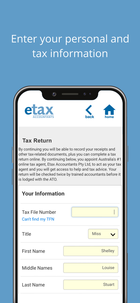 Screenshot of the Etax Mobile App interface showing the personal and tax information entry form for an Australian tax return
