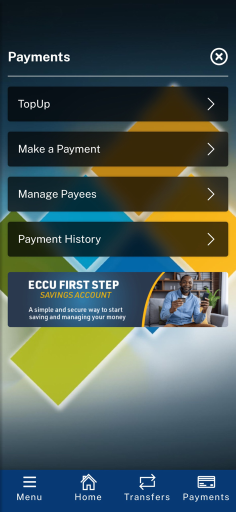 충전, 결제하기, 수취인 관리 및 결제 내역 옵션이 표시된 ECAB 모바일 앱의 결제 메뉴