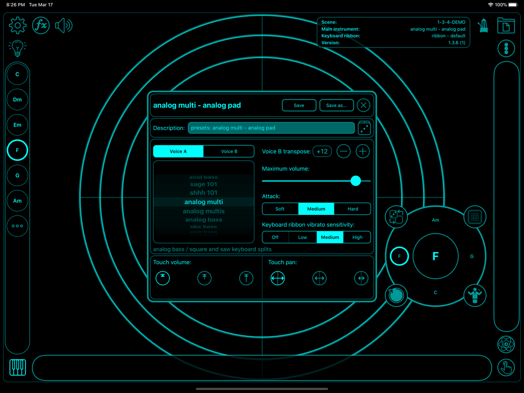 Touchscaper iPad app interface showing synth instrument settings for an analog pad on a neon radar background