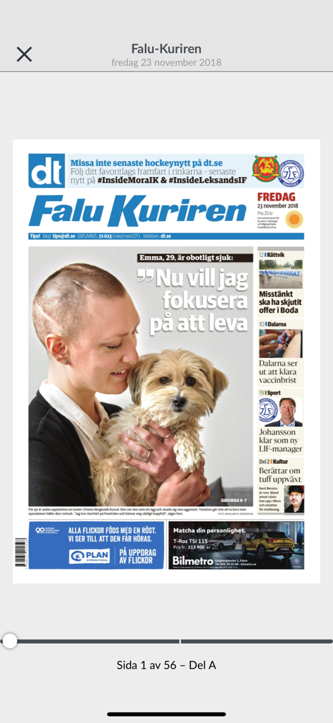 Front page of the Falu-Kuriren digital newspaper on a mobile device
