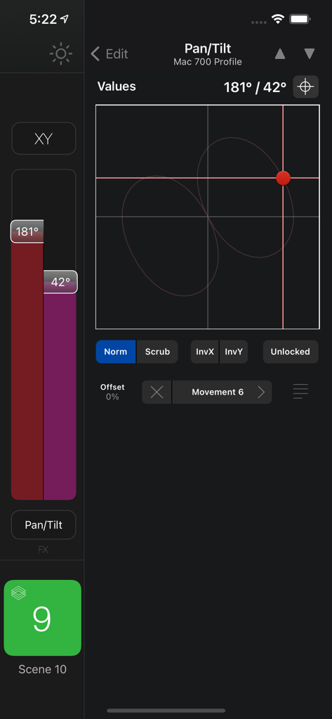 Luminair - Écran de contrôle professionnel de panoramique et d'inclinaison pour éclairage DMX dans l'application Luminair.