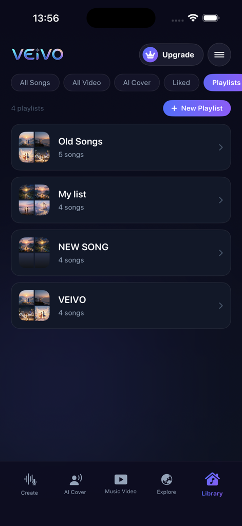 AI Music Generator: Songs - User library interface showing four playlists in the Veivo AI Music Generator app