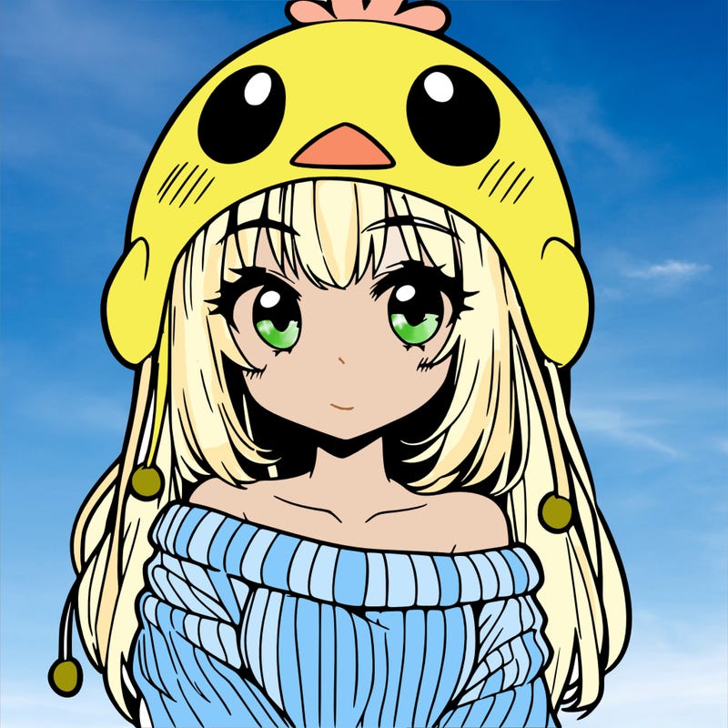 anime girl with chick shaped hat with sweater with bare shoulders with bangs covering them one eye with low tail