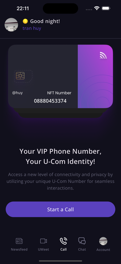 U-COM - U-COM app interface showing a VIP phone number and NFT identity card for social connections.