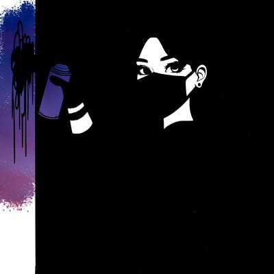 realistic girl with mask spray painting a wall