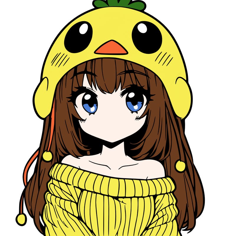 anime girl with chick shaped hat with sweater with bare shoulders with bangs covering them one eye with low tail