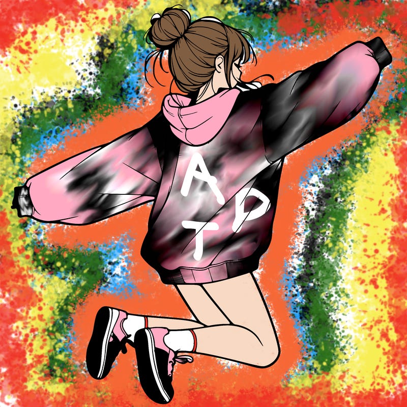 realistic girl jumping with a bun and oversized sweatshirt