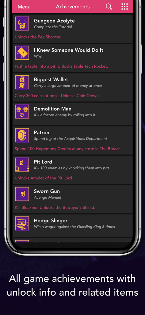 Guide for Enter the Gungeon - A mobile screen showing a list of game achievements with unlock information and related items for Enter the Gungeon