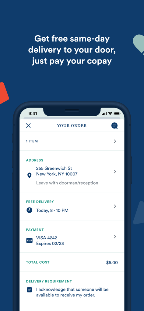 Capsule Pharmacy app order summary screen showing free same-day delivery details for a prescription