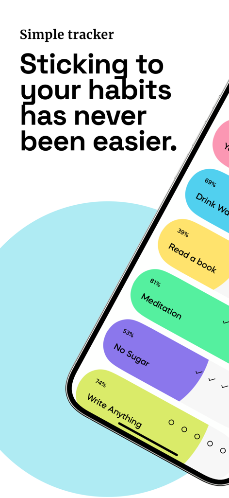 Habit Tracker - Habitica - Una interfaz de aplicación móvil minimalista para Habitica que muestra porcentajes de éxito y barras de progreso coloridas para hábitos diarios como meditación y lectura.