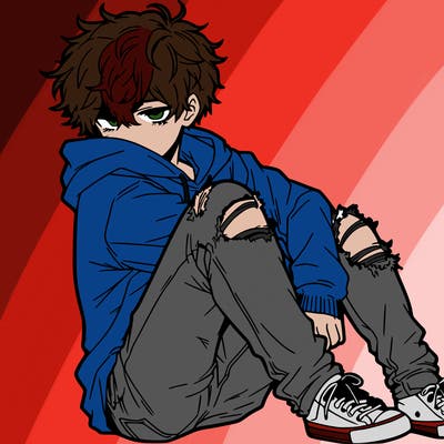 a male hoddie ripped jeans messy hair anime