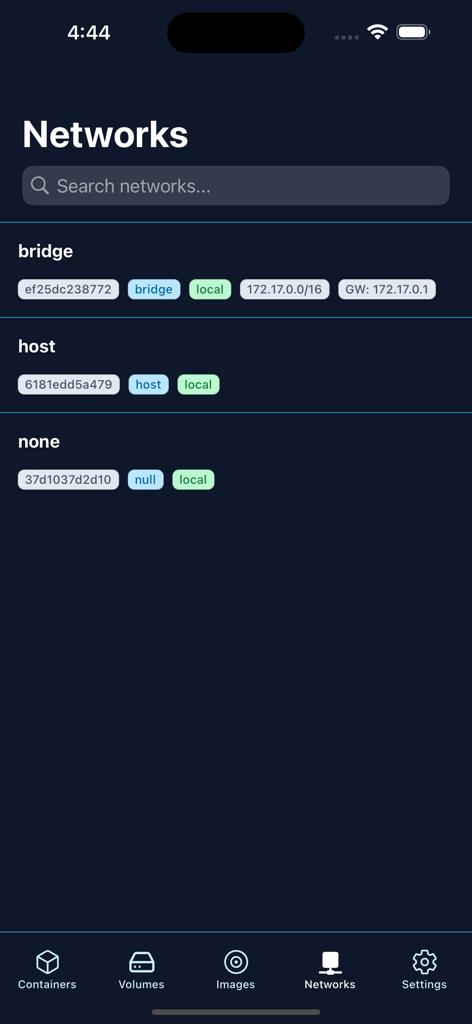 A mobile interface of the Pourtainer app showing the Networks management screen with a list of Docker networks like bridge and host.