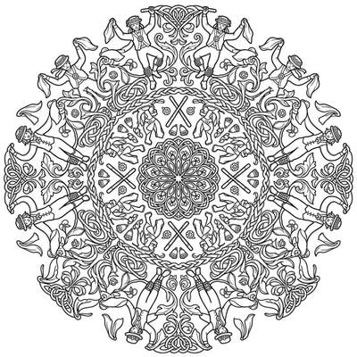 Celebrate the vibrant tradition of Morris dancing with this stunning mandala coloring page. Discover a beautifully symmetrical design filled with dancers, bells, and intricate patterns, offering hours of creative enjoyment.