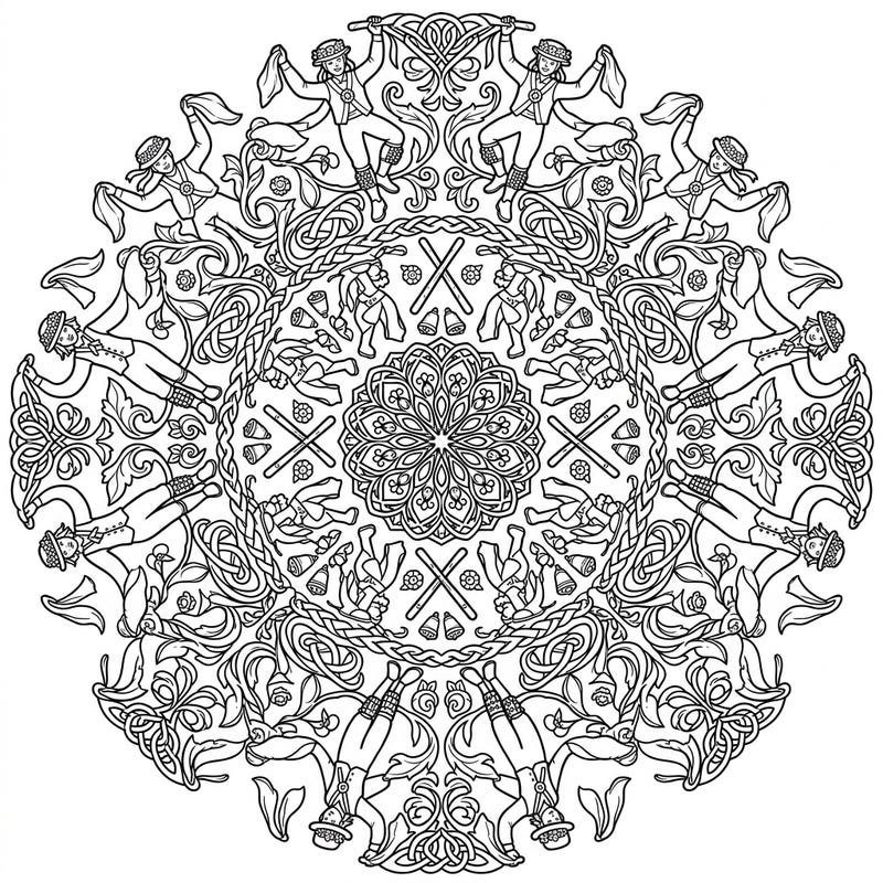 Celebrate the vibrant tradition of Morris dancing with this stunning mandala coloring page. Discover a beautifully symmetrical design filled with dancers, bells, and intricate patterns, offering hours of creative enjoyment.