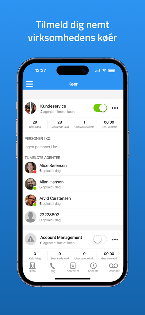 Myfone app interface displaying business call queue statistics and agent availability.
