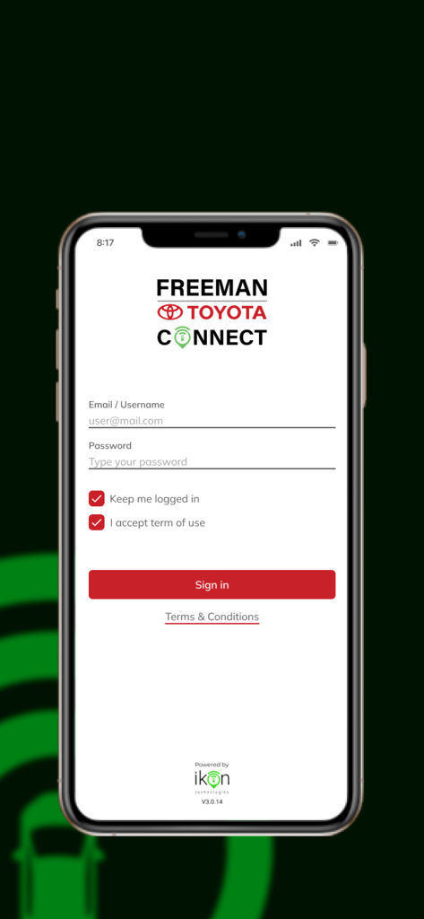 이메일 및 비밀번호 필드와 로그인 버튼이 있는 Freeman Toyota Connect 앱 로그인 화면