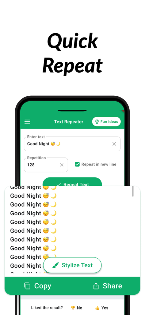 Text Repeater: Repeat Text App - Text Repeater app interface showing the phrase Good Night repeated 128 times for social messaging