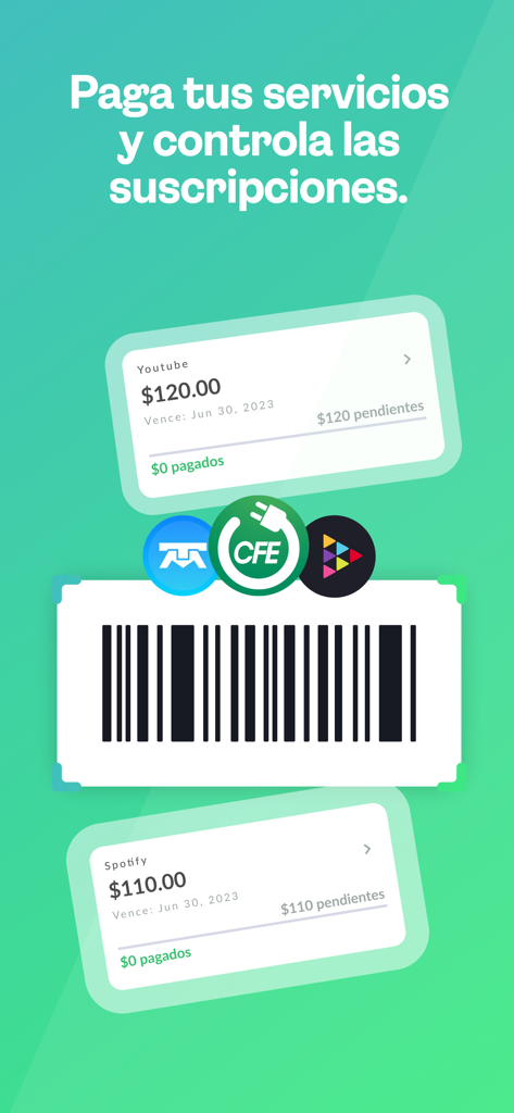 KabCash app interface showing service payment tracking and subscription management for YouTube and Spotify.