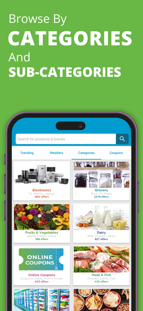 ClicFlyer: Weekly Flyer & Deal - ClicFlyer app screen displaying shopping categories including Electronics, Grocery, and Dairy with available offers