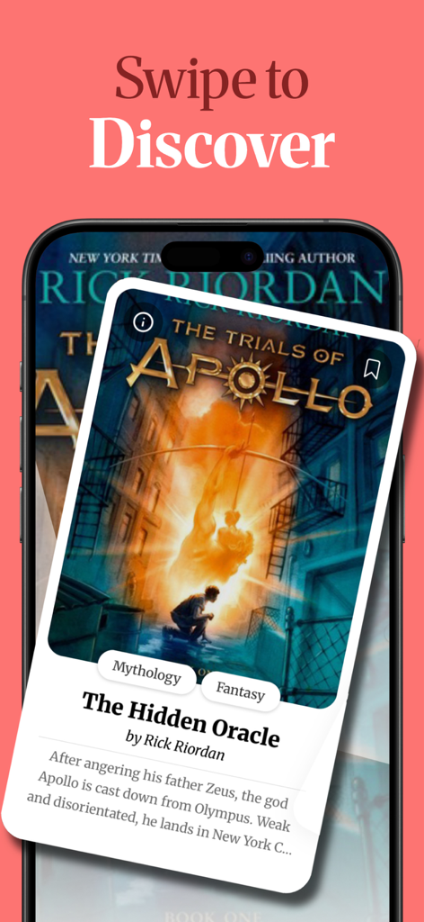 Book Tracker & Log - ReadList - ReadList app interface showing a swipe to discover feature for new book recommendations.