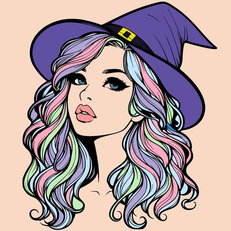 realistic witch girl with wavy hair and lips