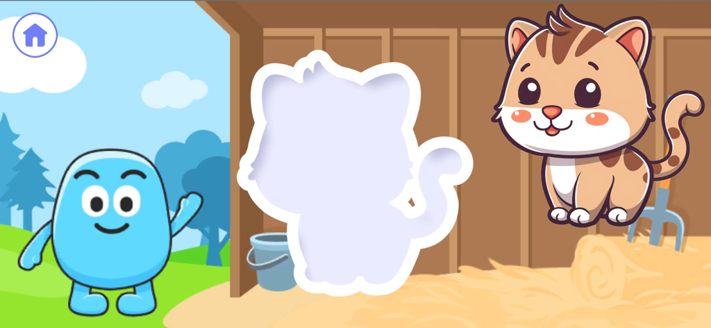 Um personagem de slime azul acenando ao lado de um jogo de quebra-cabeça de silhueta de gato em um cenário de fazenda