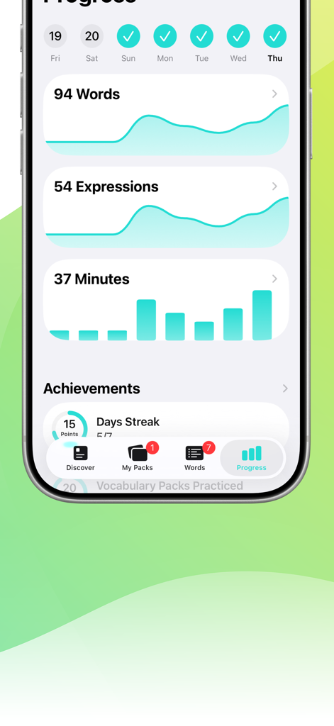 Una dashboard dei progressi nell'app LENGO che mostra statistiche su parole apprese, espressioni padroneggiate e tempo dedicato allo studio dello svedese.