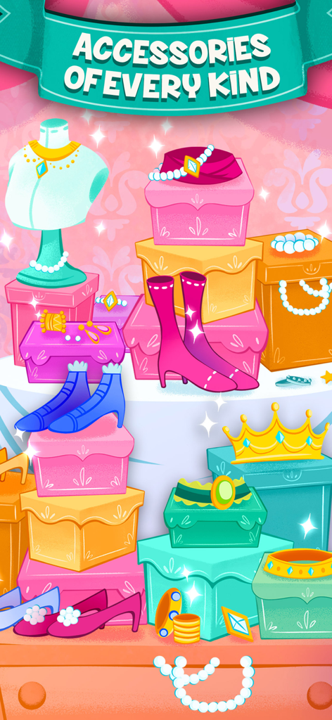 Varios accesorios coloridos de princesa que incluyen zapatos, joyas y coronas