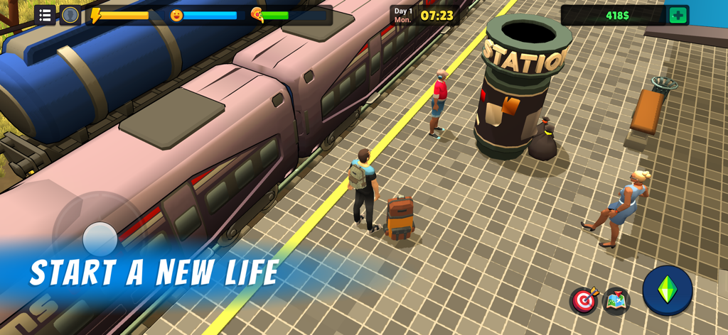 L.A. Story - Life Simulator - A character arriving at a train station with a suitcase to start a new life in the LA Story life simulator game