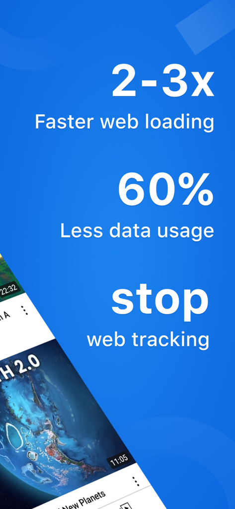 SkyBlue Ad Blocker for Safari - SkyBlue Ad Blocker promotional screen highlighting faster web loading and reduced data usage