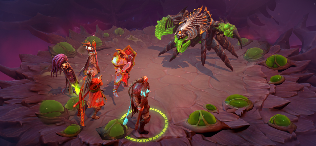 Una squadra di cinque eroi che affronta un gigante boss insettoide luminoso in un'arena dark fantasy.