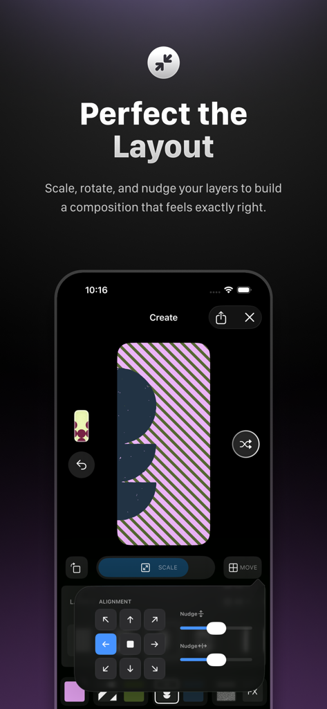 Shuffle Wall: Wallpaper Maker - Mobile app interface showing tools to scale rotate and nudge layers for custom wallpaper design