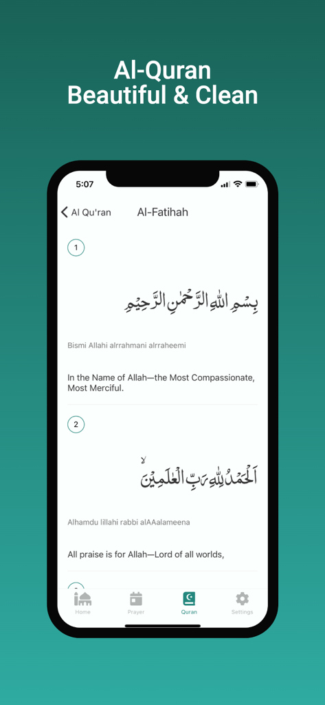 Islam App - The Muslim OS - iPhone screenshot of the clean and minimalist Al-Quran reader in the Islam App showing Surah Al-Fatihah