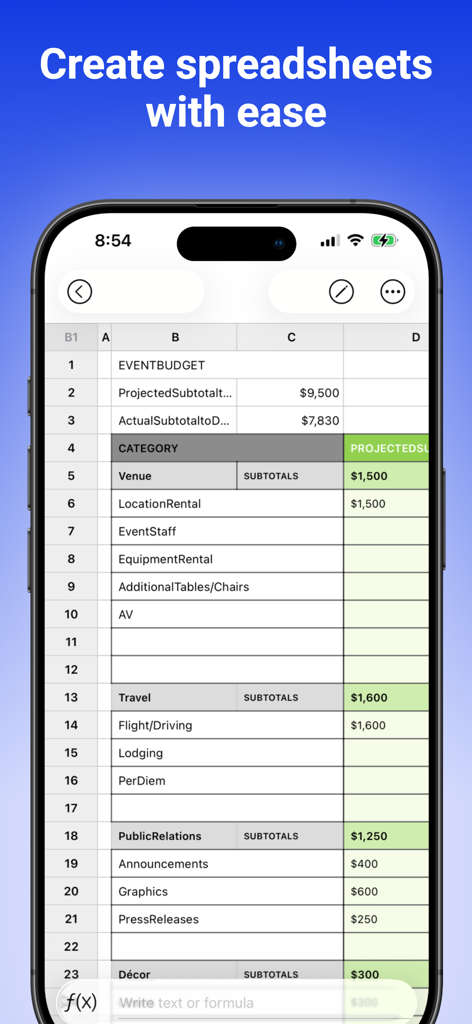 Mobile interface of a spreadsheet app showing an event budget tracker with various expense categories