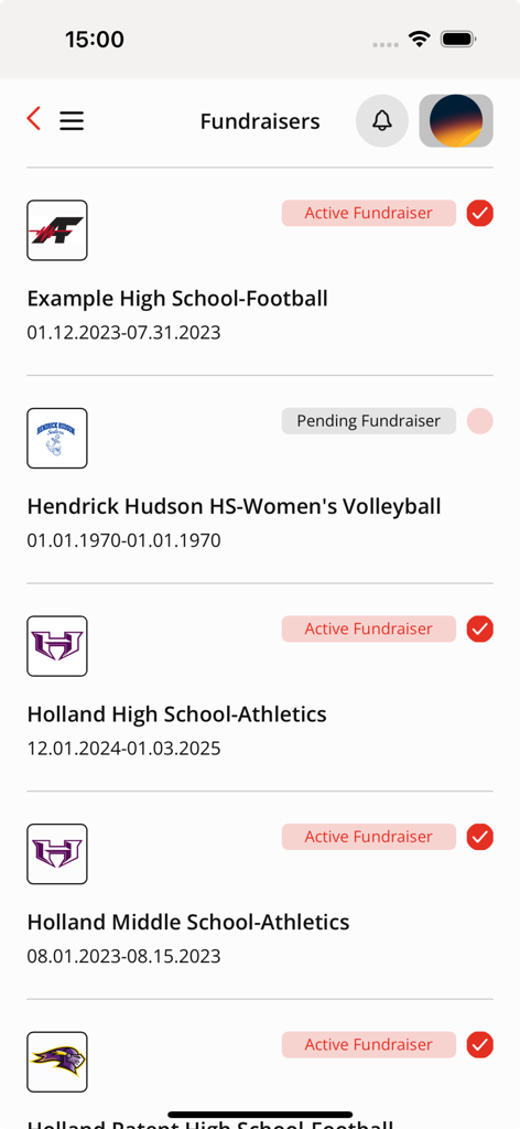 A mobile app screen displaying a list of active and pending fundraisers for various school sports teams.
