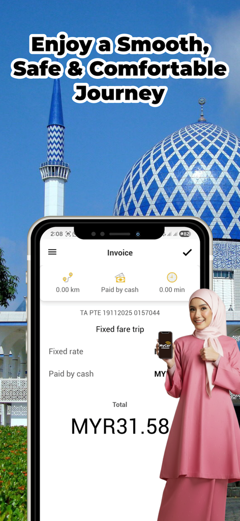 MyCar Passenger - MyCar Passenger app showing a digital trip invoice with a woman in a pink hijab and a mosque in the background.