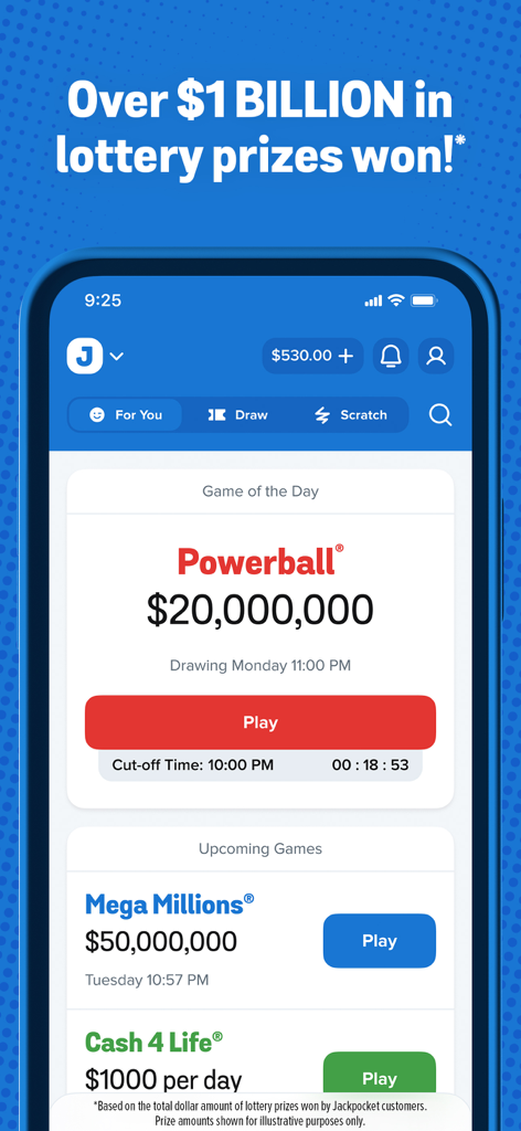 Jackpocket mobile app interface showing Powerball and Mega Millions lottery jackpots